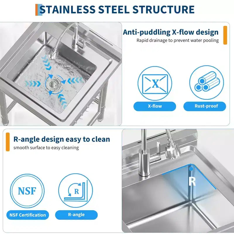 Utility Sink Stainless Steel Sink Freestanding Single Bowl -? with Faucet & Hooks for Laundry Room, Garage, Apartments