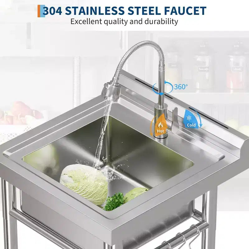 Utility Sink Stainless Steel Sink Freestanding Single Bowl -? with Faucet & Hooks for Laundry Room, Garage, Apartments
