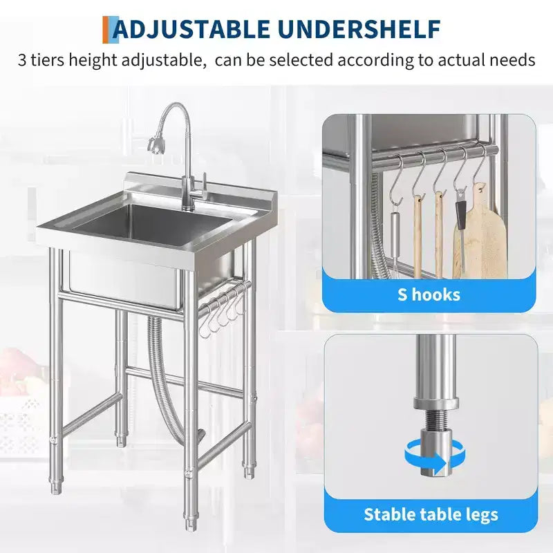Utility Sink Stainless Steel Sink Freestanding Single Bowl -? with Faucet & Hooks for Laundry Room, Garage, Apartments