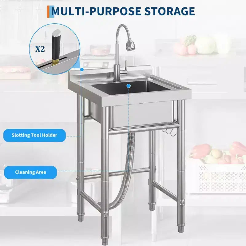 Utility Sink Stainless Steel Sink Freestanding Single Bowl -? with Faucet & Hooks for Laundry Room, Garage, Apartments