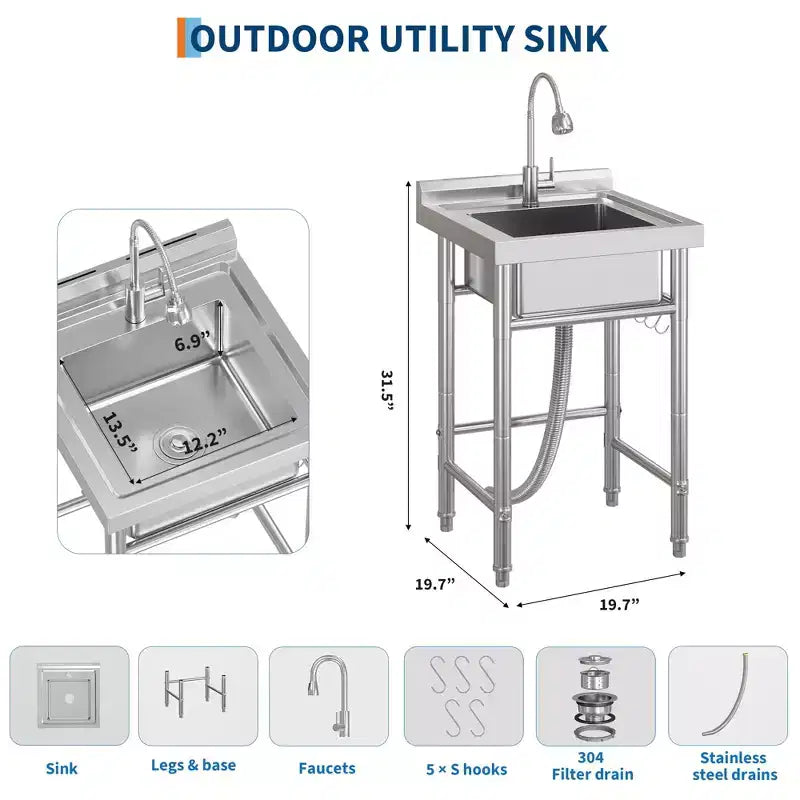 Utility Sink Stainless Steel Sink Freestanding Single Bowl -? with Faucet & Hooks for Laundry Room, Garage, Apartments