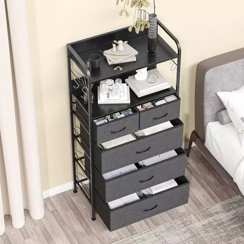 COZONY 5-Drawer Dresser Storage Organizer with Fabric Bins, Wood Top & Sturdy Steel Frame, Easy-Pull Handles Space-Saving for Bedroom & Hallway