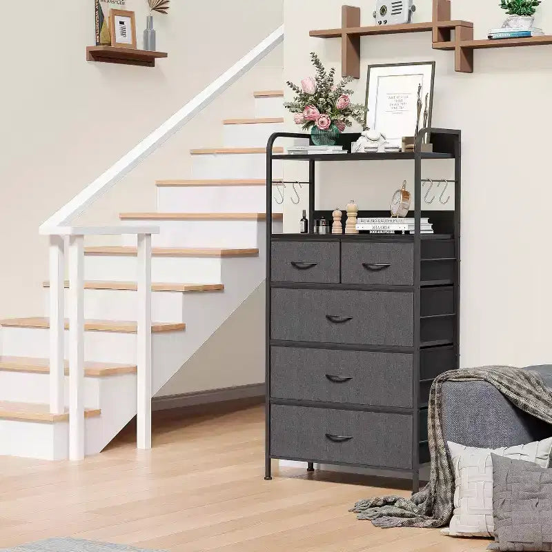 COZONY 5-Drawer Dresser Storage Organizer with Fabric Bins, Wood Top & Sturdy Steel Frame, Easy-Pull Handles Space-Saving for Bedroom & Hallway