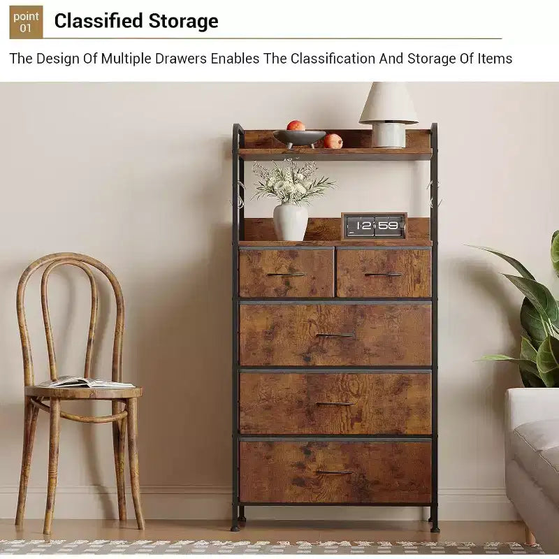 COZONY 5-Drawer Dresser Storage Organizer with Fabric Bins, Wood Top & Sturdy Steel Frame, Easy-Pull Handles Space-Saving for Bedroom & Hallway
