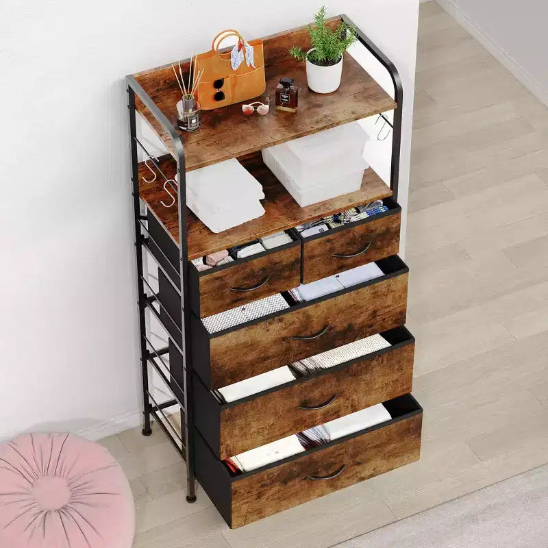 COZONY 5-Drawer Dresser Storage Organizer with Fabric Bins, Wood Top & Sturdy Steel Frame, Easy-Pull Handles Space-Saving for Bedroom & Hallway