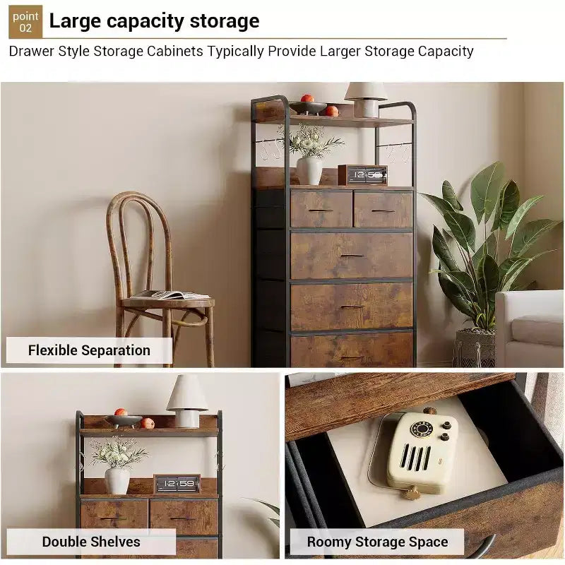 COZONY 5-Drawer Dresser Storage Organizer with Fabric Bins, Wood Top & Sturdy Steel Frame, Easy-Pull Handles Space-Saving for Bedroom & Hallway