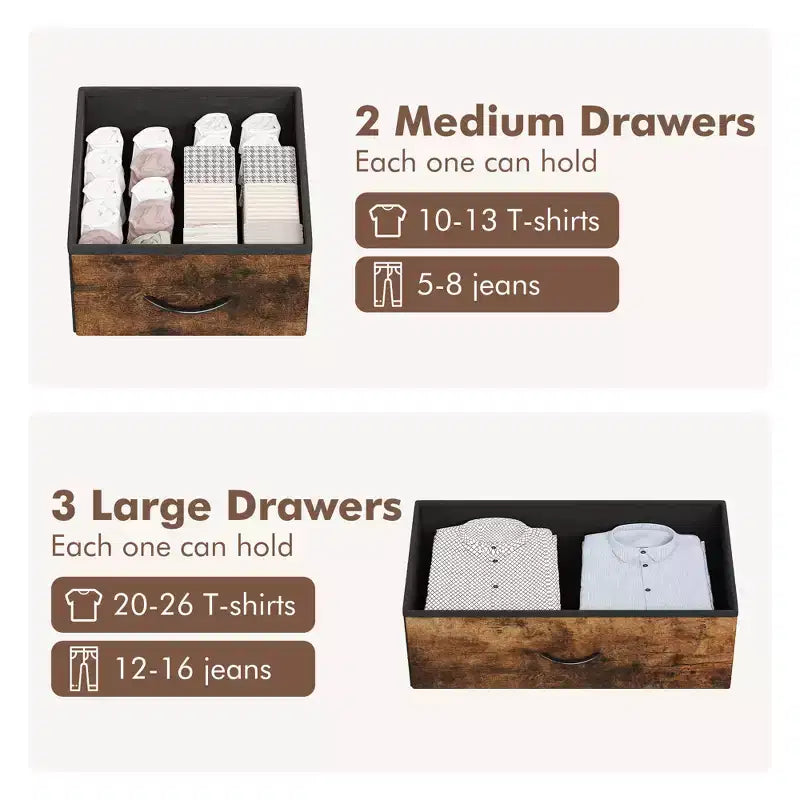 COZONY 5-Drawer Dresser Storage Organizer with Fabric Bins, Wood Top & Sturdy Steel Frame, Easy-Pull Handles Space-Saving for Bedroom & Hallway