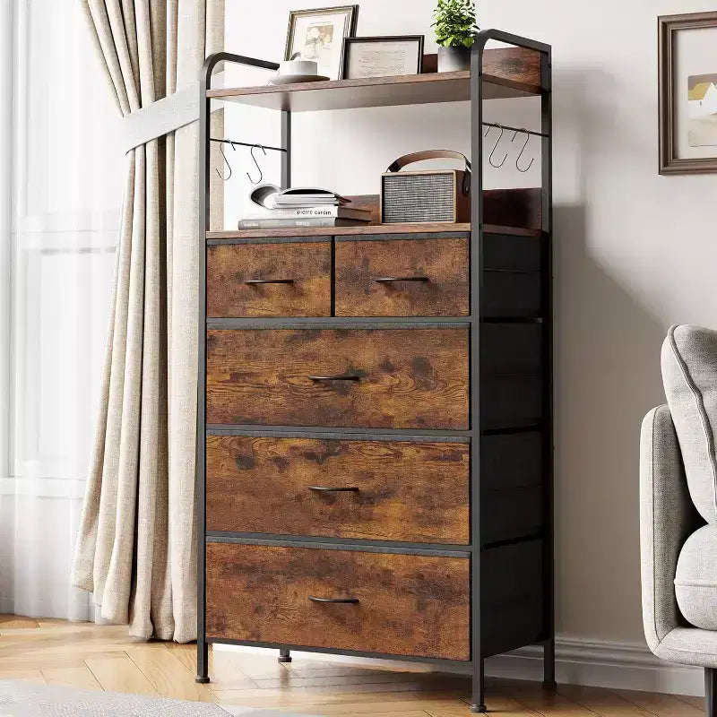 COZONY 5-Drawer Dresser Storage Organizer with Fabric Bins, Wood Top & Sturdy Steel Frame, Easy-Pull Handles Space-Saving for Bedroom & Hallway