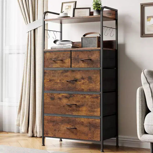 COZONY 5-Drawer Dresser Storage Organizer with Fabric Bins, Wood Top & Sturdy Steel Frame, Easy-Pull Handles Space-Saving for Bedroom & Hallway