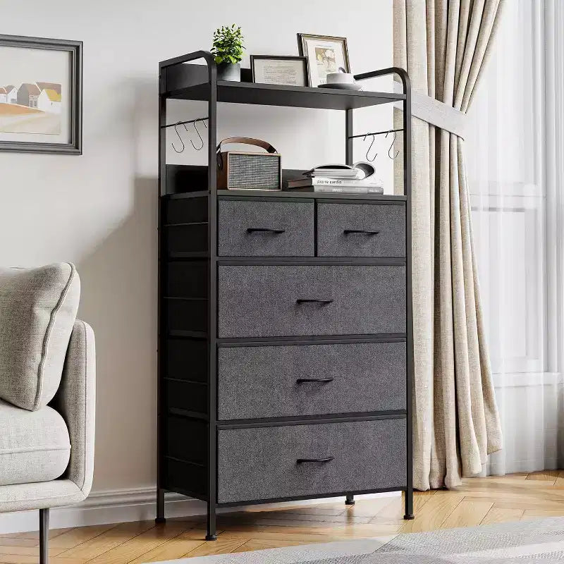 COZONY 5-Drawer Dresser Storage Organizer with Fabric Bins, Wood Top & Sturdy Steel Frame, Easy-Pull Handles Space-Saving for Bedroom & Hallway