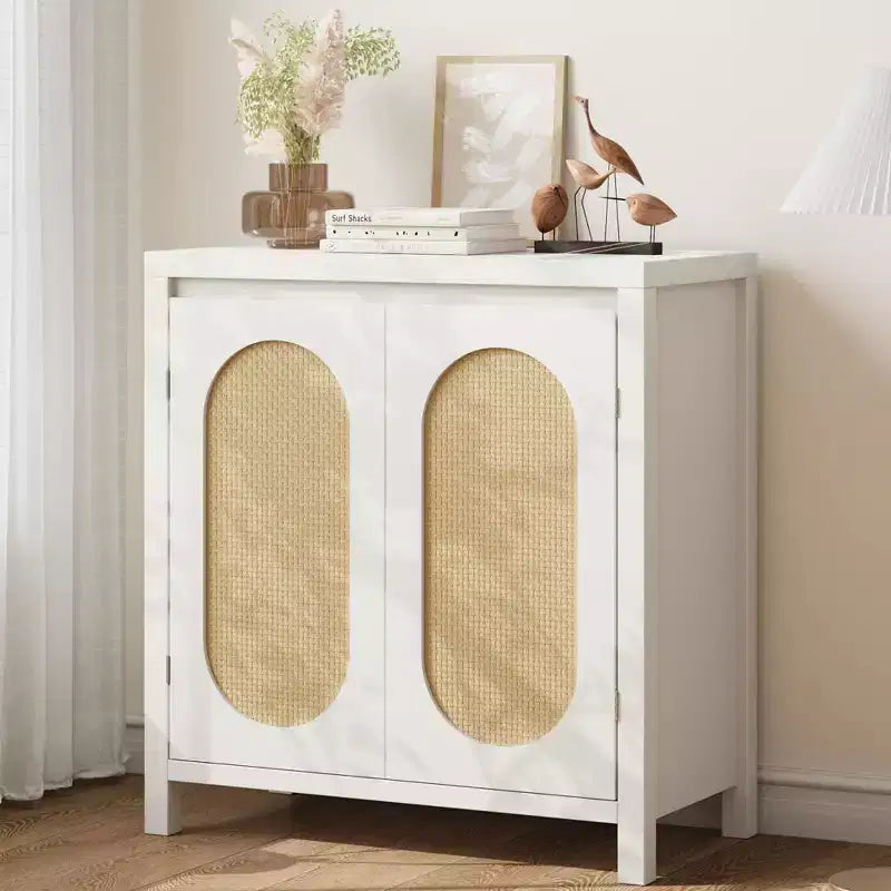 TROPOW Mid Century Sideboard Buffet - 30 Retro Storage Cabinet with Rattan Doors & Adjustable Shelves, Boho Chic Accent Console for Living Room