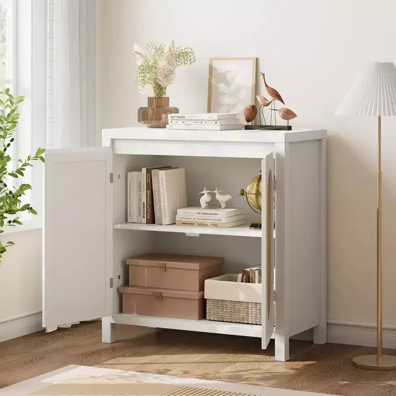 TROPOW Mid Century Sideboard Buffet - 30 Retro Storage Cabinet with Rattan Doors & Adjustable Shelves, Boho Chic Accent Console for Living Room