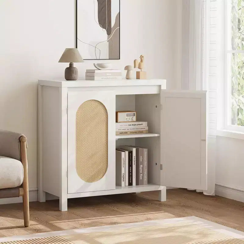 TROPOW Mid Century Sideboard Buffet - 30 Retro Storage Cabinet with Rattan Doors & Adjustable Shelves, Boho Chic Accent Console for Living Room