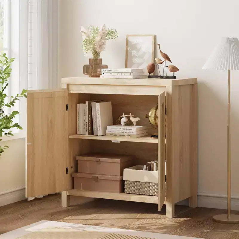 TROPOW Mid Century Sideboard Buffet - 30 Retro Storage Cabinet with Rattan Doors & Adjustable Shelves, Boho Chic Accent Console for Living Room