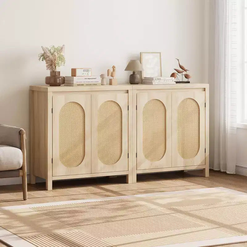 TROPOW Mid Century Sideboard Buffet - 30 Retro Storage Cabinet with Rattan Doors & Adjustable Shelves, Boho Chic Accent Console for Living Room
