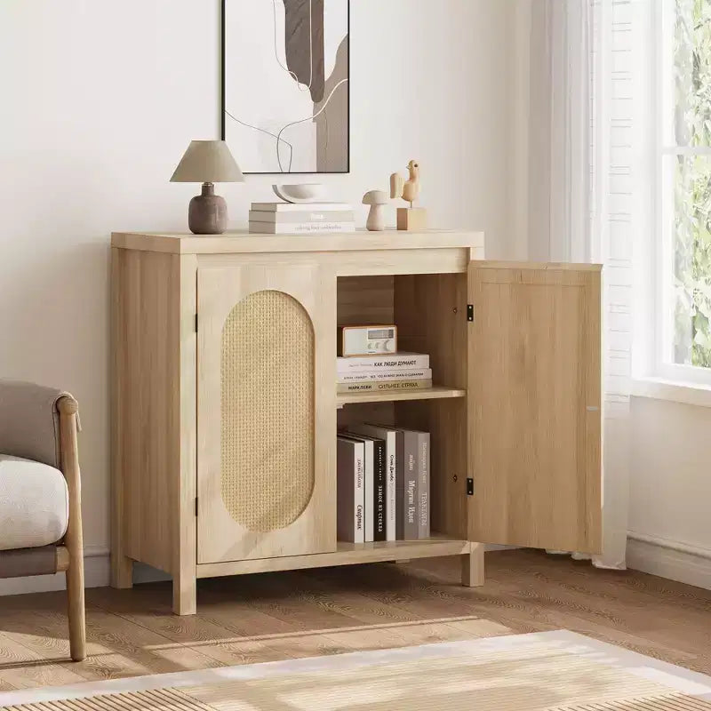 TROPOW Mid Century Sideboard Buffet - 30 Retro Storage Cabinet with Rattan Doors & Adjustable Shelves, Boho Chic Accent Console for Living Room