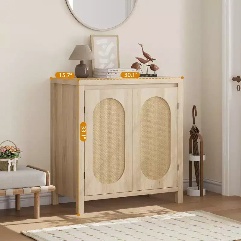 TROPOW Mid Century Sideboard Buffet - 30 Retro Storage Cabinet with Rattan Doors & Adjustable Shelves, Boho Chic Accent Console for Living Room