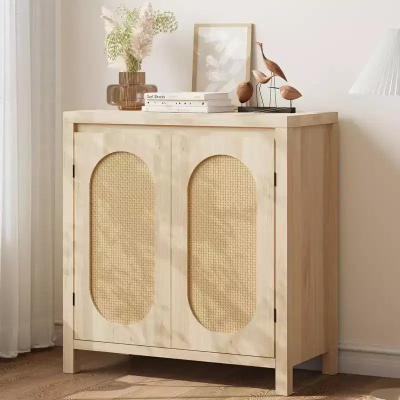 TROPOW Mid Century Sideboard Buffet - 30 Retro Storage Cabinet with Rattan Doors & Adjustable Shelves, Boho Chic Accent Console for Living Room
