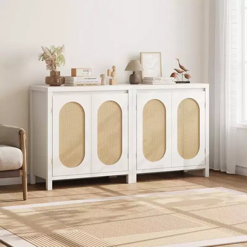TROPOW Mid Century Sideboard Buffet - 30 Retro Storage Cabinet with Rattan Doors & Adjustable Shelves, Boho Chic Accent Console for Living Room