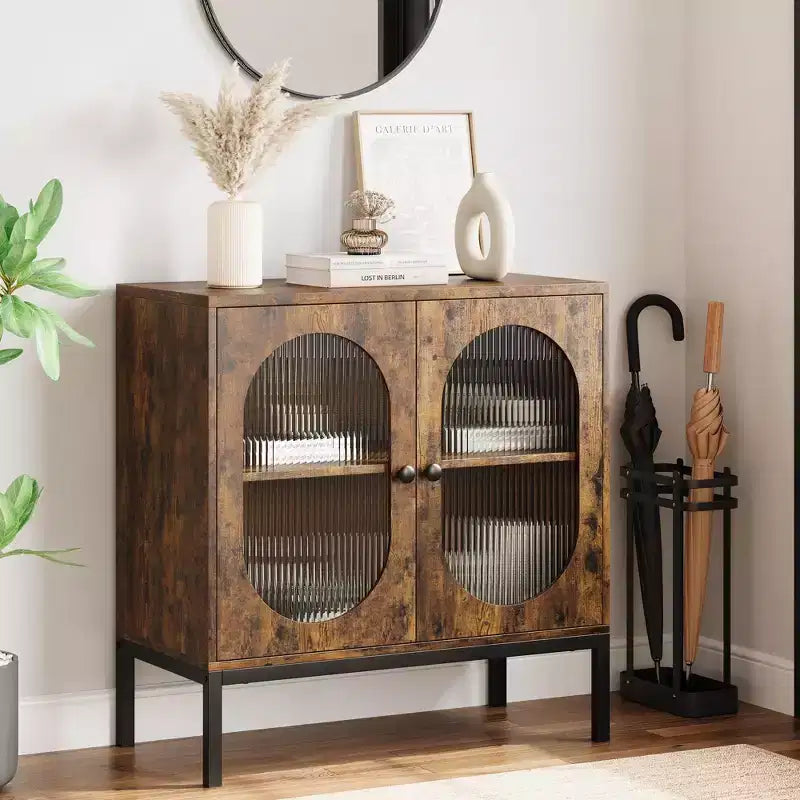 TROPOW Rattan Storage Cabinet, 2-Tier Shelf Sideboard, Kitchen Sideboard Accent Cabinet
