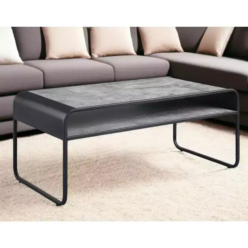 HomeRoots 42 Gray and Black Concrete And Metal Sled Coffee Table With Shelf