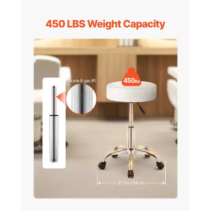 VEVOR Rolling Stool with Wheels, 450 LBS Weight Capacity Round Rolling Stool Chair, Height Adjustable Thickened PU Leather Swivel Stool, White