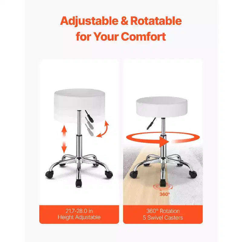 VEVOR Rolling Stool with Wheels, 450 LBS Weight Capacity Round Rolling Stool Chair, Height Adjustable Thickened PU Leather Swivel Stool, White