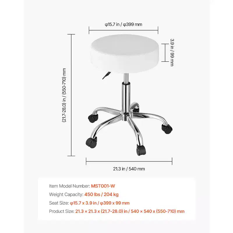 VEVOR Rolling Stool with Wheels, 450 LBS Weight Capacity Round Rolling Stool Chair, Height Adjustable Thickened PU Leather Swivel Stool, White