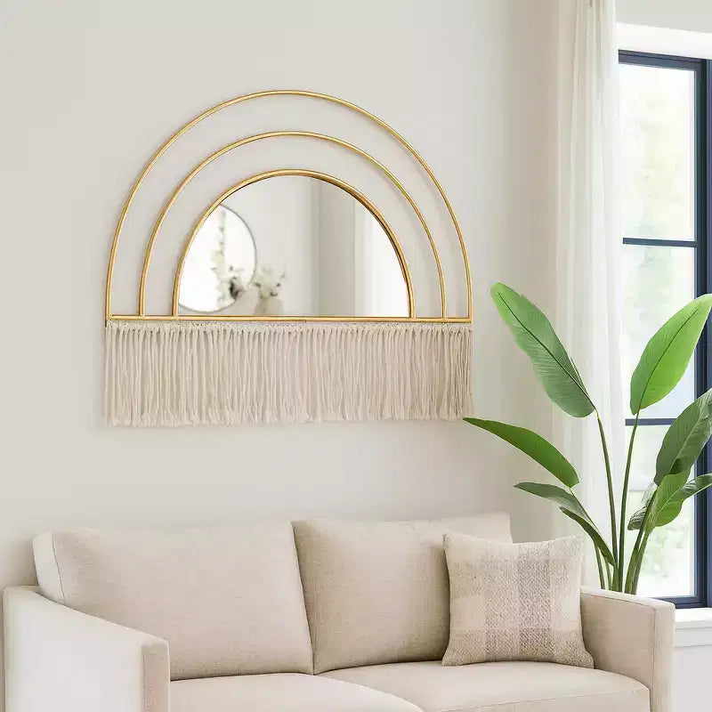 Boho-Chic Inspired Wall Mirror Decorative with Fringe Accent - Arched Wall Mirror for Bedroom, Bathroom, and Dorm Styling - 17, Gold