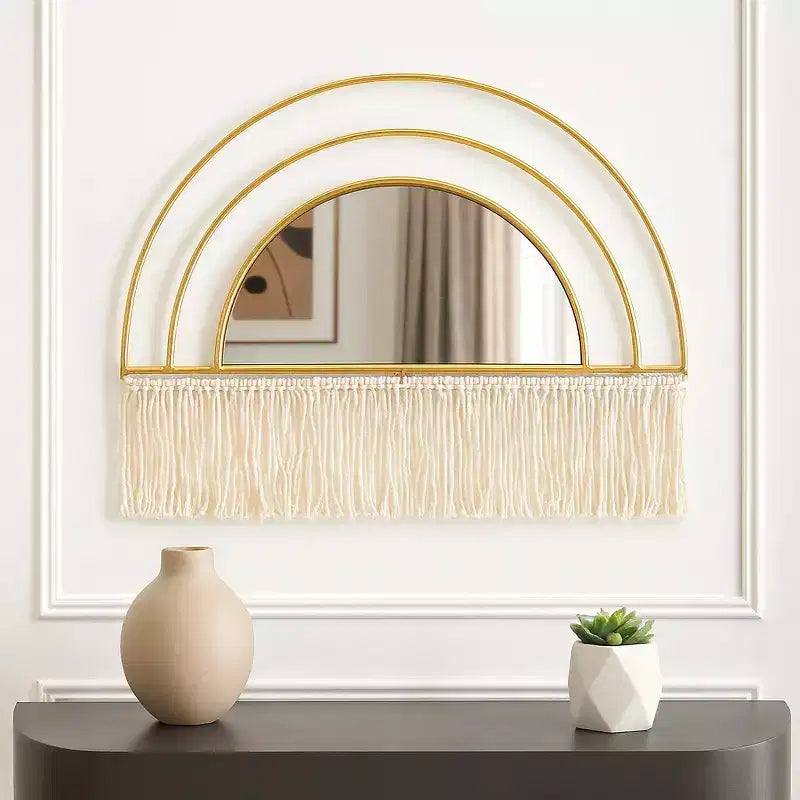 Boho-Chic Inspired Wall Mirror Decorative with Fringe Accent - Arched Wall Mirror for Bedroom, Bathroom, and Dorm Styling - 17, Gold