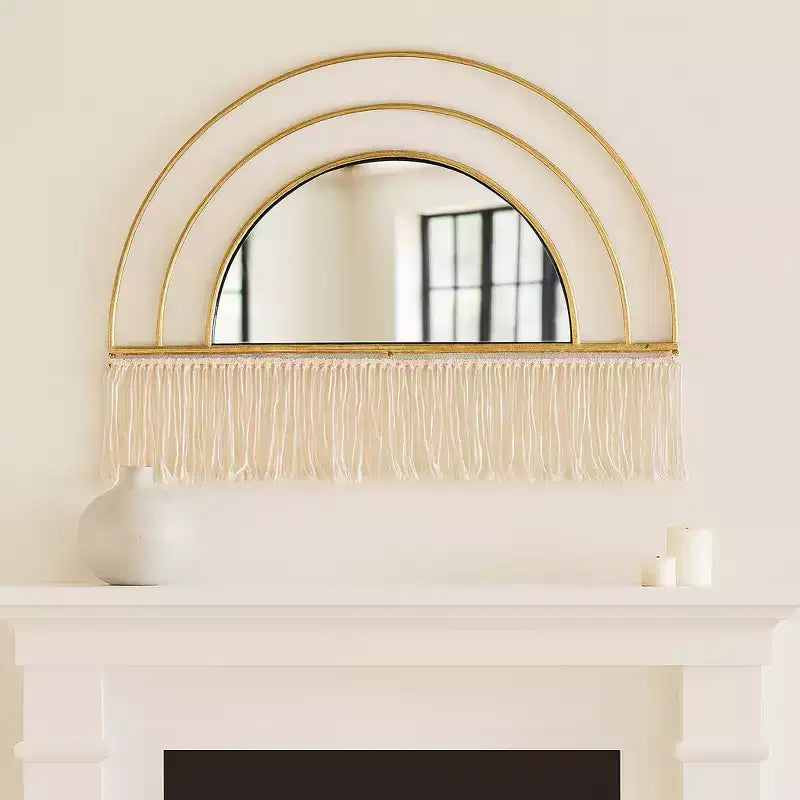 Boho-Chic Inspired Wall Mirror Decorative with Fringe Accent - Arched Wall Mirror for Bedroom, Bathroom, and Dorm Styling - 17, Gold