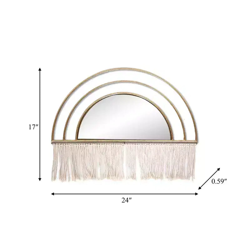 Boho-Chic Inspired Wall Mirror Decorative with Fringe Accent - Arched Wall Mirror for Bedroom, Bathroom, and Dorm Styling - 17, Gold
