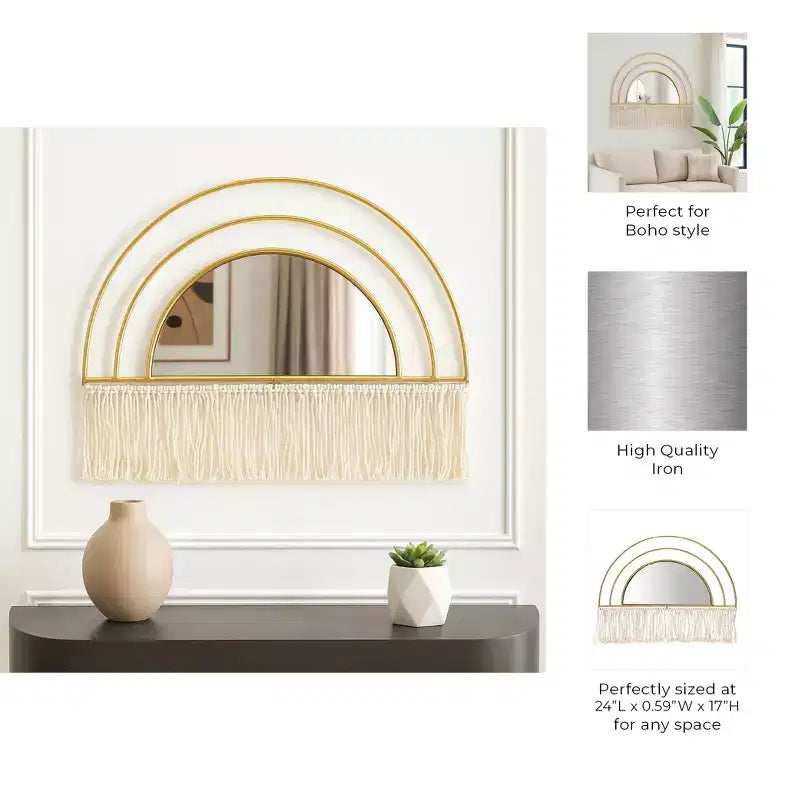 Boho-Chic Inspired Wall Mirror Decorative with Fringe Accent - Arched Wall Mirror for Bedroom, Bathroom, and Dorm Styling - 17, Gold