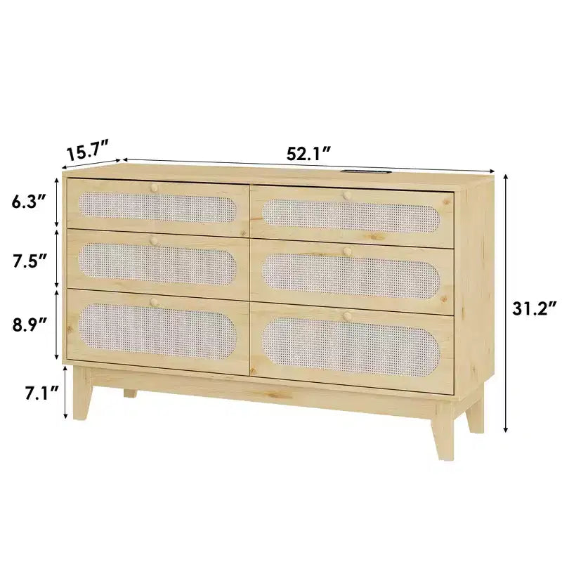 6 Rattan Drawer Dresser with USB Ports and Outlets, Chests of Drawers Storage for Bedroom, Living Room, Hallway, Bedside, Dining Room