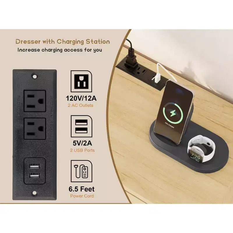 6 Rattan Drawer Dresser with USB Ports and Outlets, Chests of Drawers Storage for Bedroom, Living Room, Hallway, Bedside, Dining Room