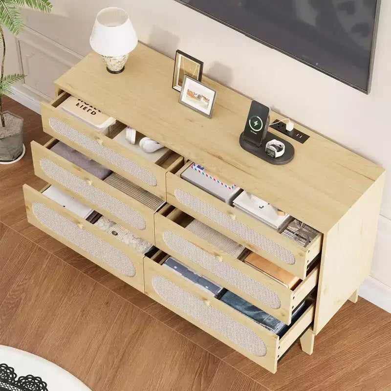 6 Rattan Drawer Dresser with USB Ports and Outlets, Chests of Drawers Storage for Bedroom, Living Room, Hallway, Bedside, Dining Room