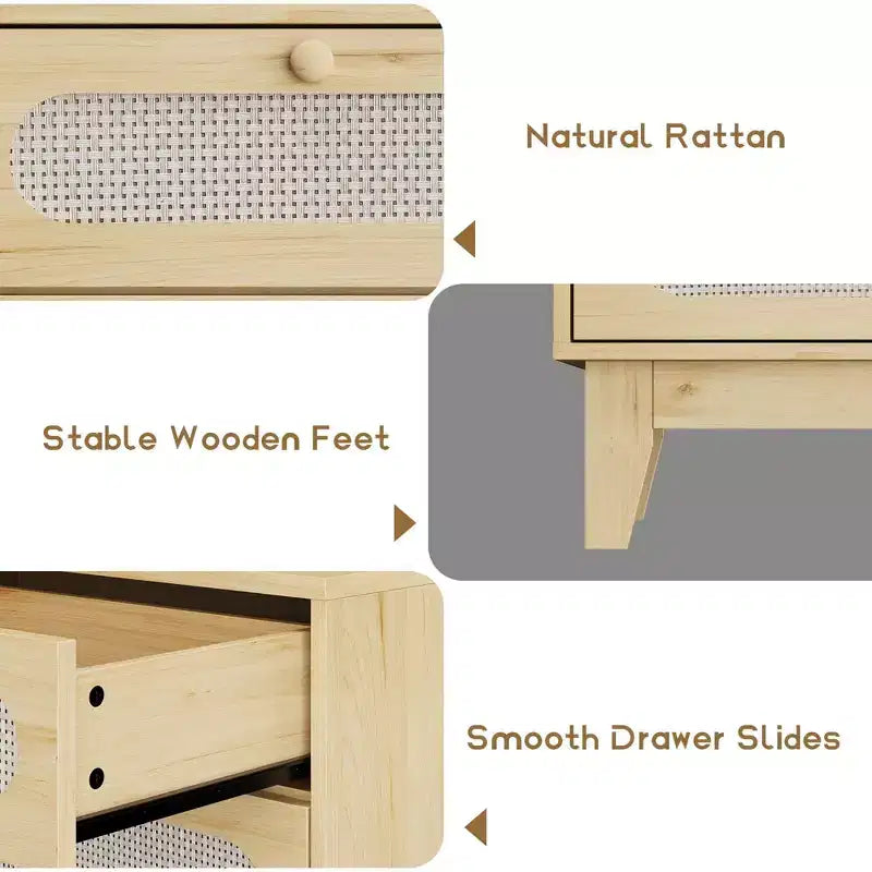 6 Rattan Drawer Dresser with USB Ports and Outlets, Chests of Drawers Storage for Bedroom, Living Room, Hallway, Bedside, Dining Room