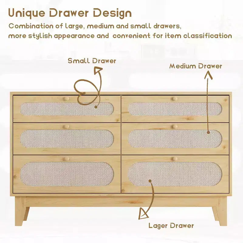 6 Rattan Drawer Dresser with USB Ports and Outlets, Chests of Drawers Storage for Bedroom, Living Room, Hallway, Bedside, Dining Room