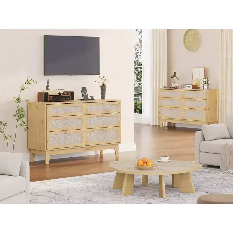 6 Rattan Drawer Dresser with USB Ports and Outlets, Chests of Drawers Storage for Bedroom, Living Room, Hallway, Bedside, Dining Room