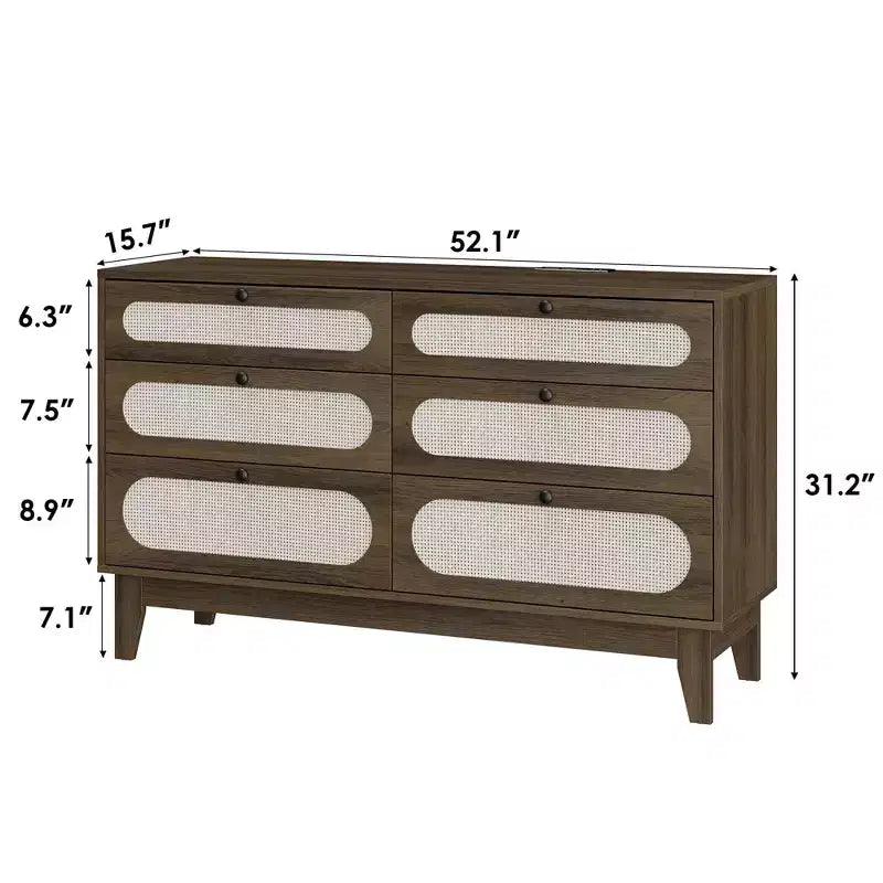 6 Rattan Drawer Dresser with USB Ports and Outlets, Chests of Drawers Storage for Bedroom, Living Room, Hallway, Bedside, Dining Room
