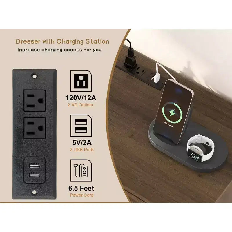 6 Rattan Drawer Dresser with USB Ports and Outlets, Chests of Drawers Storage for Bedroom, Living Room, Hallway, Bedside, Dining Room