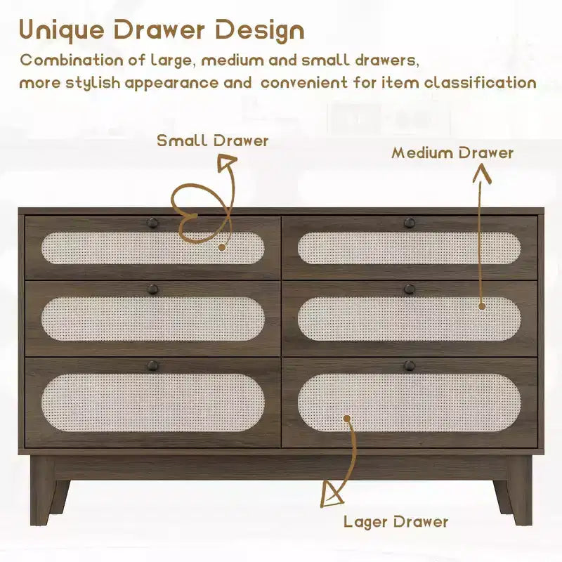 6 Rattan Drawer Dresser with USB Ports and Outlets, Chests of Drawers Storage for Bedroom, Living Room, Hallway, Bedside, Dining Room