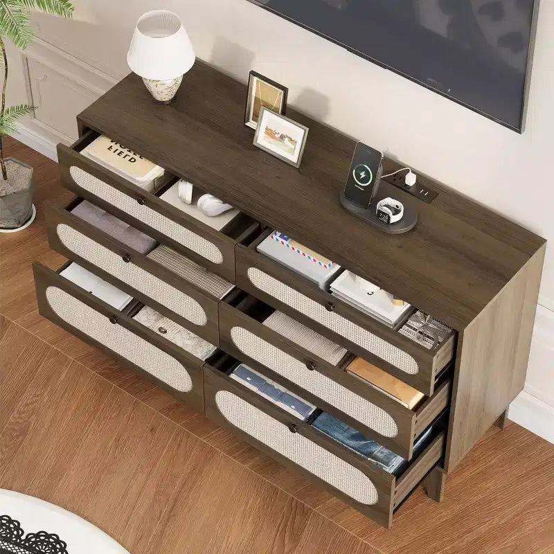 6 Rattan Drawer Dresser with USB Ports and Outlets, Chests of Drawers Storage for Bedroom, Living Room, Hallway, Bedside, Dining Room
