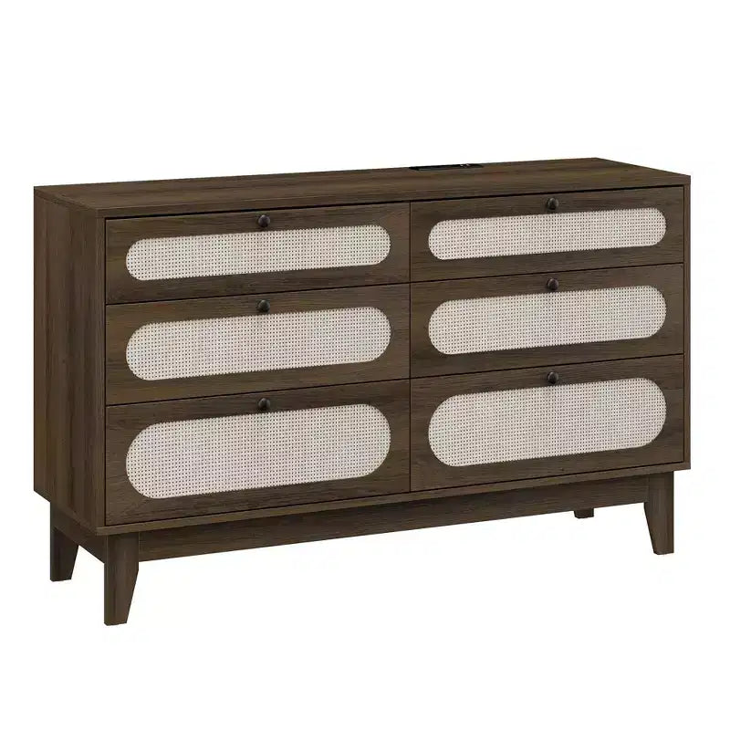 6 Rattan Drawer Dresser with USB Ports and Outlets, Chests of Drawers Storage for Bedroom, Living Room, Hallway, Bedside, Dining Room
