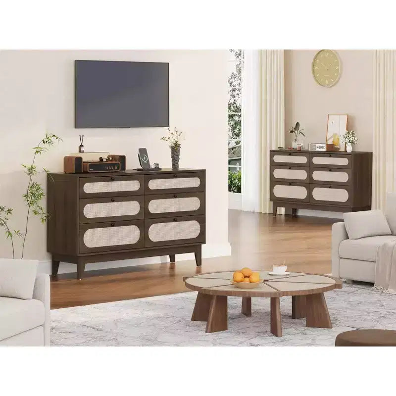 6 Rattan Drawer Dresser with USB Ports and Outlets, Chests of Drawers Storage for Bedroom, Living Room, Hallway, Bedside, Dining Room