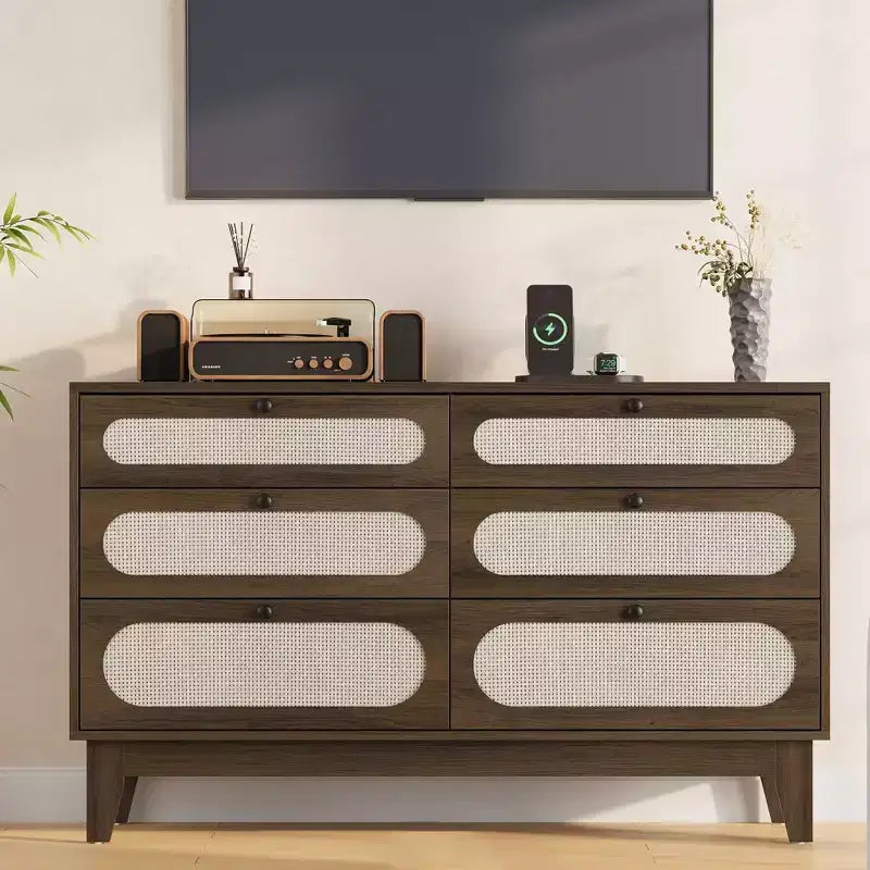6 Rattan Drawer Dresser with USB Ports and Outlets, Chests of Drawers Storage for Bedroom, Living Room, Hallway, Bedside, Dining Room