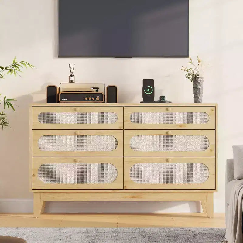 6 Rattan Drawer Dresser with USB Ports and Outlets, Chests of Drawers Storage for Bedroom, Living Room, Hallway, Bedside, Dining Room