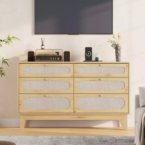 6 Rattan Drawer Dresser with USB Ports and Outlets, Chests of Drawers Storage for Bedroom, Living Room, Hallway, Bedside, Dining Room