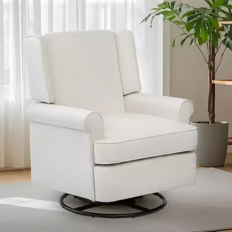 Acekool Swivel Recliner Chair, Small Rocker Recliner with High-Density Sponge, Linen Cotton Upholstery, 360 Rock & Swivel, White