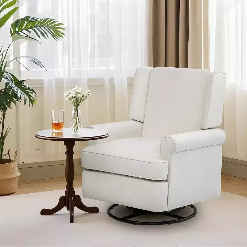 Acekool Swivel Recliner Chair, Small Rocker Recliner with High-Density Sponge, Linen Cotton Upholstery, 360 Rock & Swivel, White